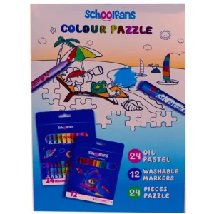 ست نقاشی ماژیک رنگ آمیزی 12 رنگ همراه با مداد شمعی 24 رنگ و پازل اسکول فنس مدل COLOUR PAZZLE