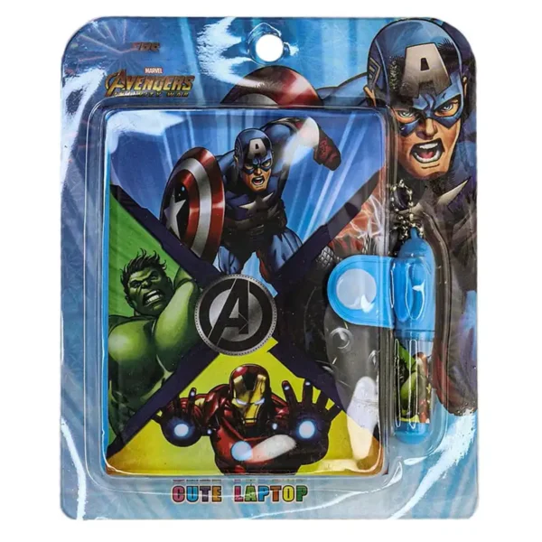 A notebook with a super heroes design pen