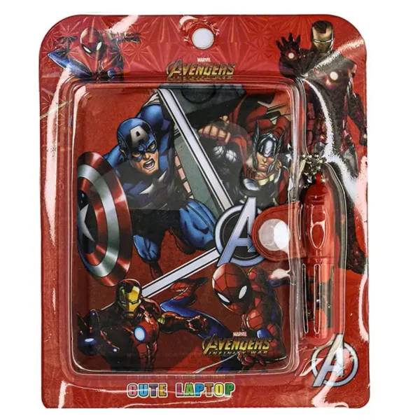 A notebook with a super heroes design pen