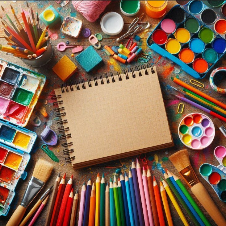 تصویری از وسایل نقاشی کودکانه بر روی یک میز چوبی که شامل دفتر نقاشی رنگارنگ، مداد رنگی، ماژیک، آبرنگ و قلم‌موها می‌باشد. برخی از رنگ‌ها بر روی میز پاشیده شده‌اند و فضایی شاد و خلاقانه برای نقاشی کودکان ایجاد کرده‌اند.
