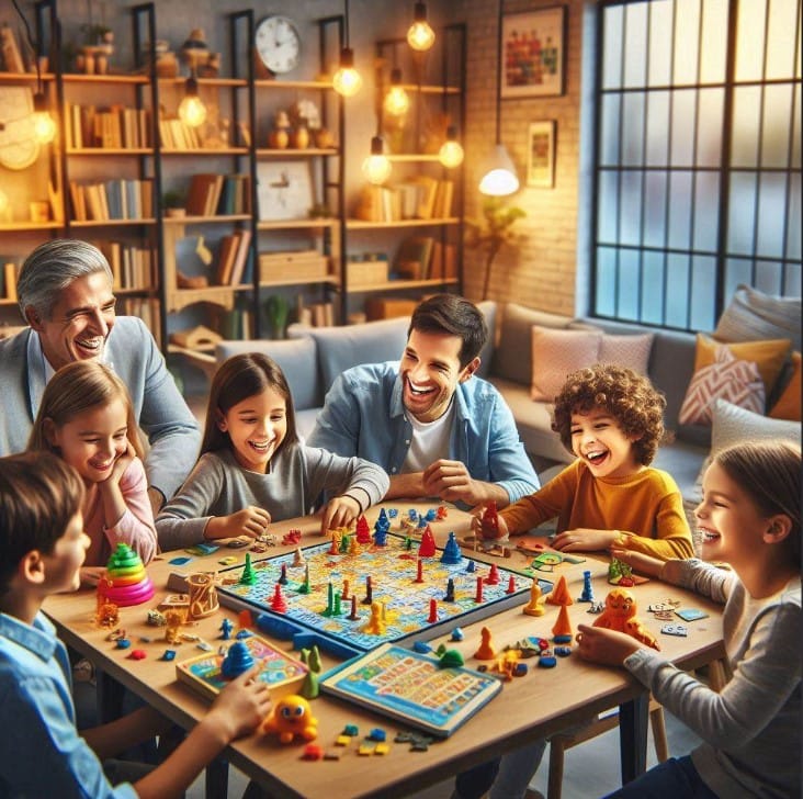 تصویری از خانواده‌ای در حال بازی با اسباب بازی فکری، نمایش دهنده خلاقیت و سرگرمی ذهنی 
