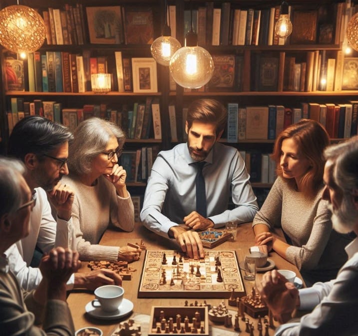 تصویری از بزرگسالان در حال بازی فکری دور میز، با تمرکز ذهنی و تعامل اجتماعی – بازی فکری بزرگسالان 