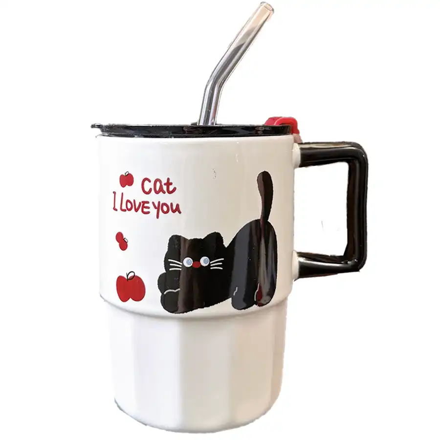 White cat-shaped ceramic mug with lid