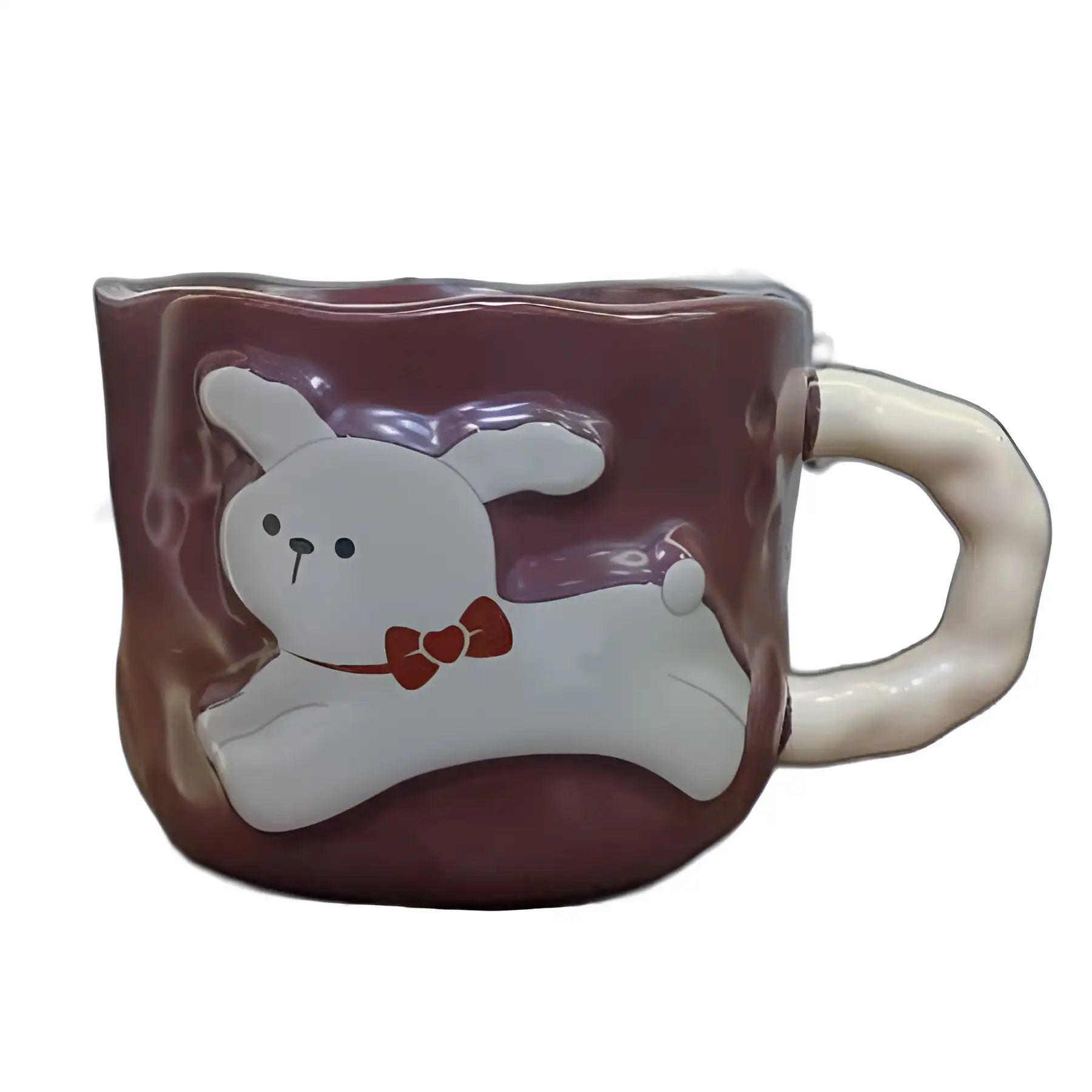 Brown ceramic mug with rabbit bow tie